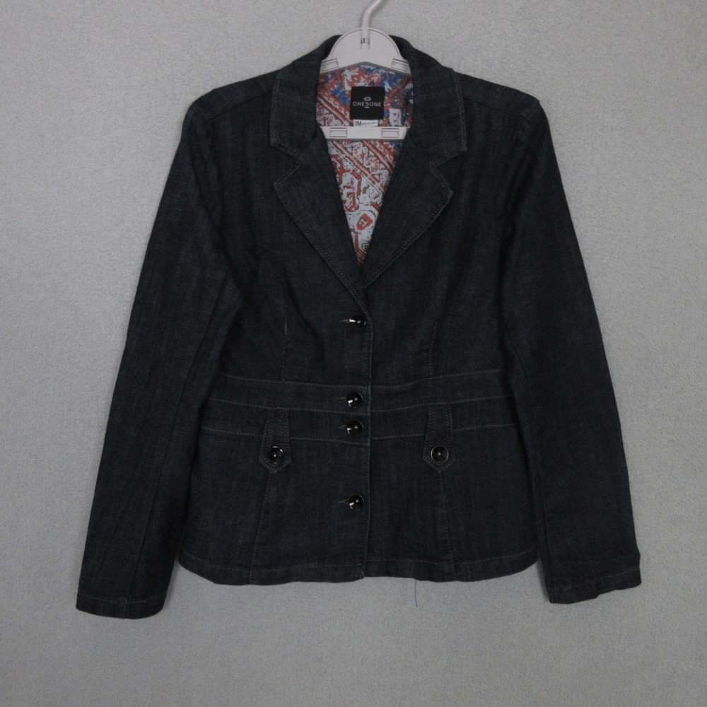One5One Womens Dark Wash Denim Blazer Jacket Size M Tailored Stretch JKM7255Z-R0